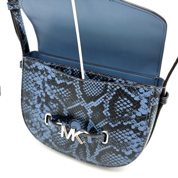 Michael Kors Small Reed Leather Saddle Crossbody Bag Snakeskin Denim - Picture 8 of 11